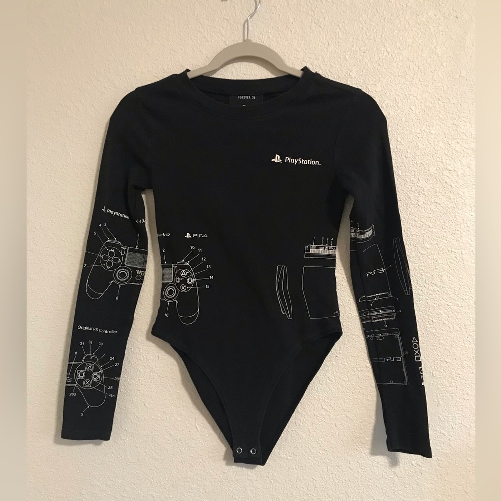 Women’s Size S PlayStation Black Bodysuit w Console Controller Decal Designs